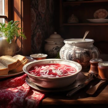 A savory bowl of borscht soup is placed alongside a fresh loaf of bread on a table.