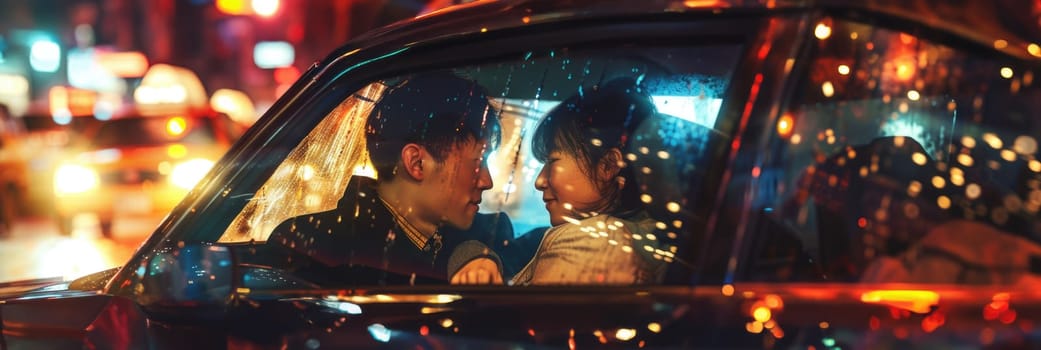 A man and a woman are sitting together in a taxi car, engaged in conversation or enjoying each others company.