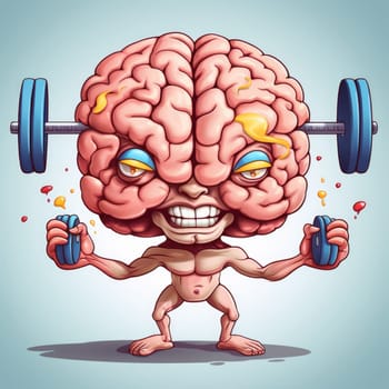 A cartoon brain flexing its neurons while holding a dumbbell barbell.