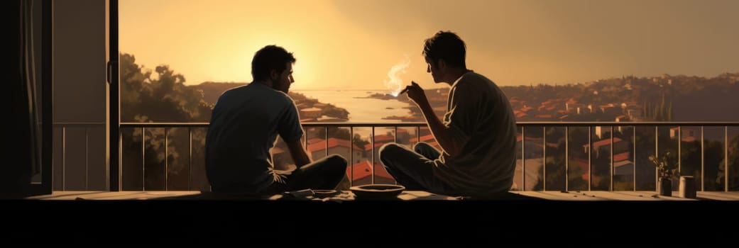 Two men are sitting on top of a balcony, smoking.