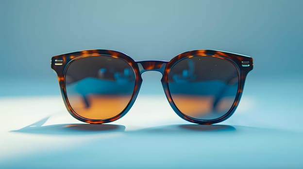A pair of sunglasses, a type of eyewear and eye glass accessory, are resting on a blue surface. The lenses may have orange tints and shades
