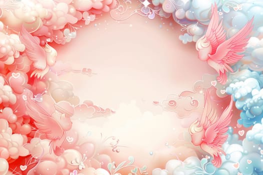 Dreamy Pink Floral Frame with Clouds and Doves. Generative AI.