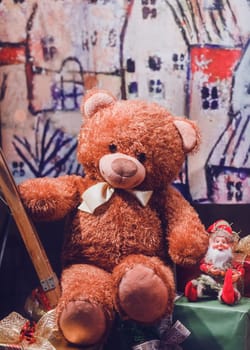 Teddy bear in the shop window. Valentine's day gift