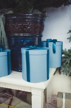 Gift boxes on table for new year. Christmas decoration