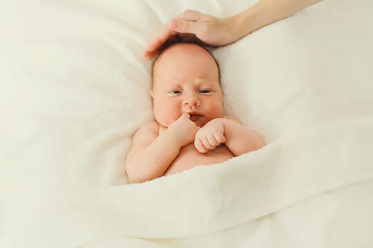 Close up portrait of infant sweet sleeping lying on white bed at home