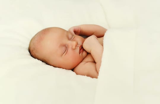 Close up portrait of infant sweet sleeping lying on white bed at home