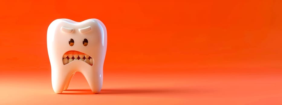 3d illustration of a cartoon tooth character with an angry expression on a vibrant orange backdrop