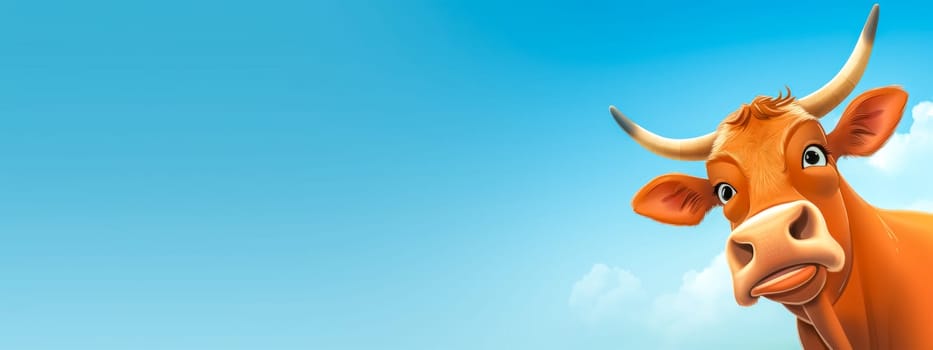 Friendly orange cartoon cow with a big smile against a clear blue sky with clouds
