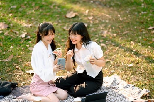 Smiling young business colleagues with laptop having lunch on green grass in park.