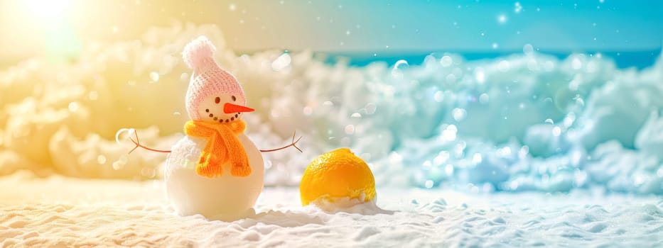 A cheerful snowman wearing a pink hat and scarf stands beside an orange on a bright snowy day