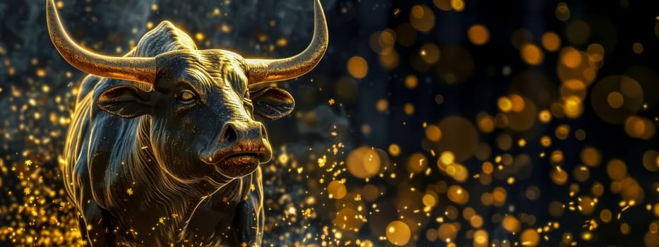 Digital artwork of a bull adorned in gold with twinkling lights backdrop