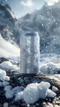 A can of soda is resting on a rock in the freezing snow, with liquid inside slowly melting as it turns from a cold fluid into gas, a geological phenomenon in the glacial landform