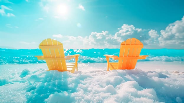 Bright summer scene with two vibrant beach chairs on pristine sandy shore under a blue sky