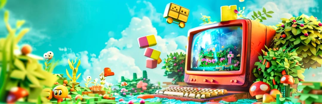 Colorful fantasy panorama with a vintage tv and video game elements against a blue backdrop