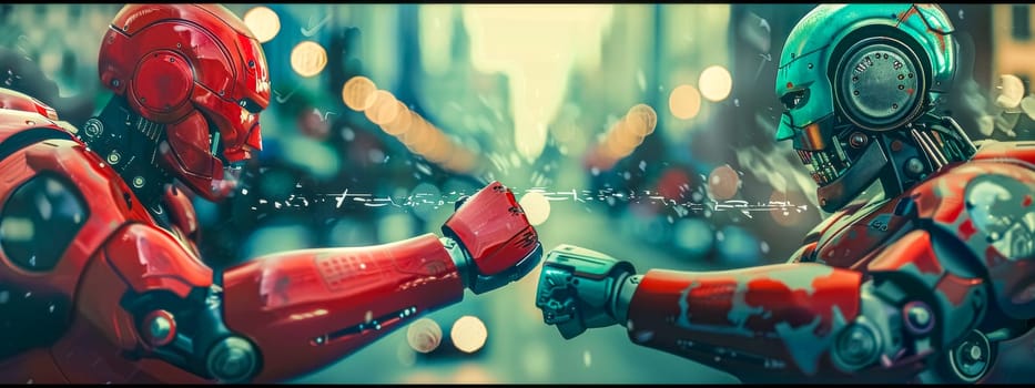 Two robots engage fiercely in an arm wrestling match with vibrant lights in the background