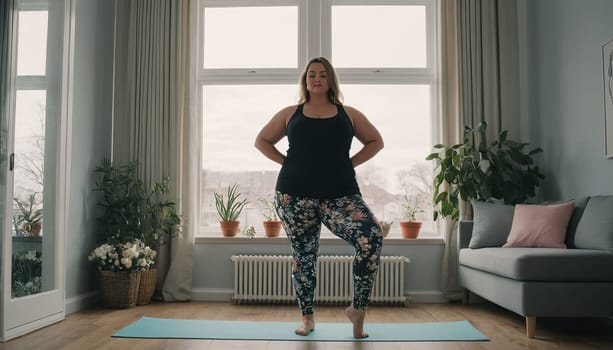 Large woman, yoga practice near sofa, leggings and top attire. Bright room, large window, floor-standing flower