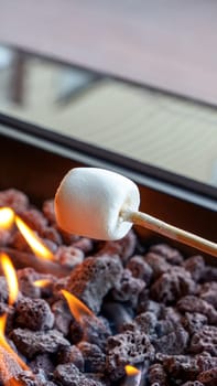 Delicious and sweet marshmallows on stick over the firepit. Summer camping bonfire