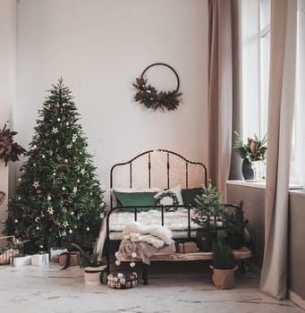 Classic New Year's interior with a fir tree in gray tones
