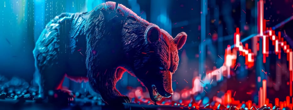 Digital art of a bear representing a bear market trend in a vibrant, futuristic stock graph environment