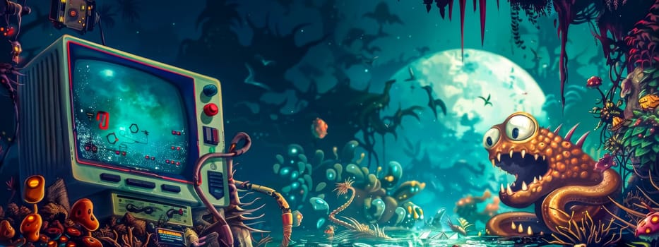 Vibrant digital art of an old-school arcade machine in a whimsical underwater landscape with a cute monster