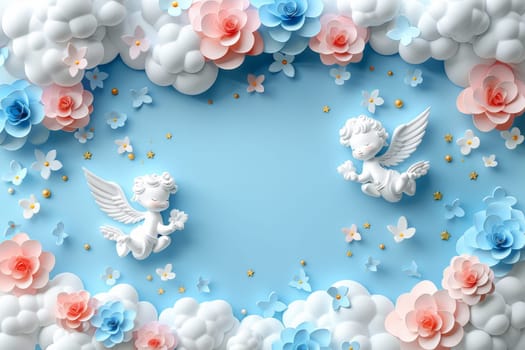 Dreamy Pink Floral Frame with Clouds and Doves. Generative AI.