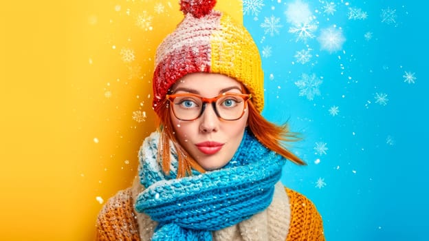 Young woman in vibrant winter attire against a split blue and yellow backdrop with falling snowflakes