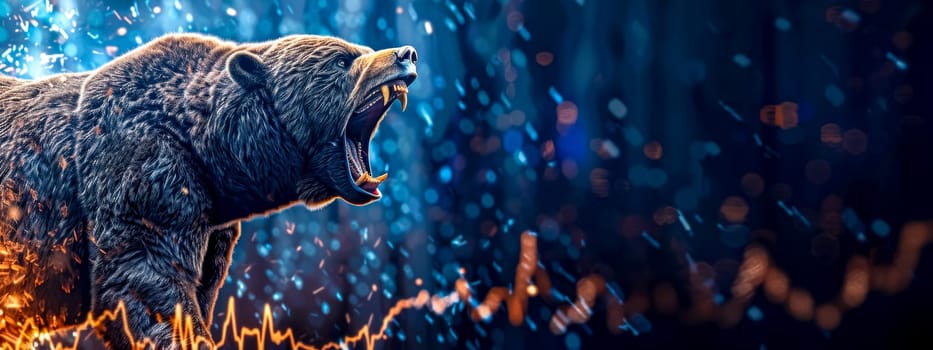 Illustration of a roaring bear with fiery effects over an abstract stock market chart background