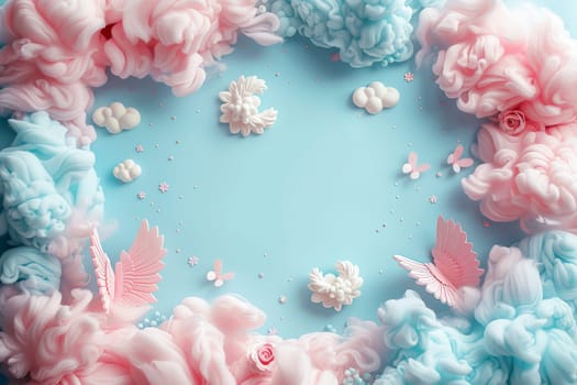 Dreamy Pink Floral Frame with Clouds and Doves. Generative AI.