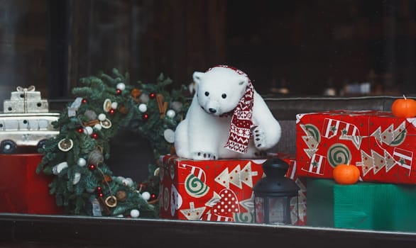 Christmas shop window. preparing for the new year holidays