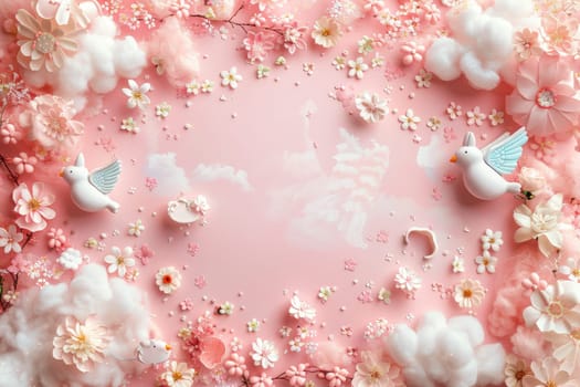 Dreamy Pink Floral Frame with Clouds and Doves. Generative AI.