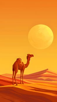 A camel, a camelid working animal, stands in the natural landscape of the desert at sunset, surrounded by an aeolian landform with the sky painted in shades of orange and pink