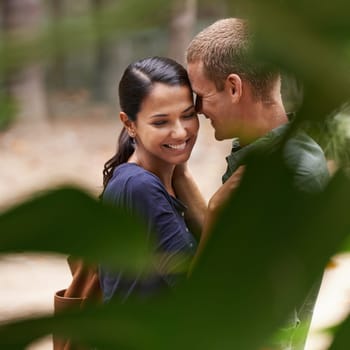 Couple, hug and love or touch at park, relationship and care on outdoor adventure or holiday. People, plant and embrace on vacation and romance in nature, zoo and affection or date on weekend trip.