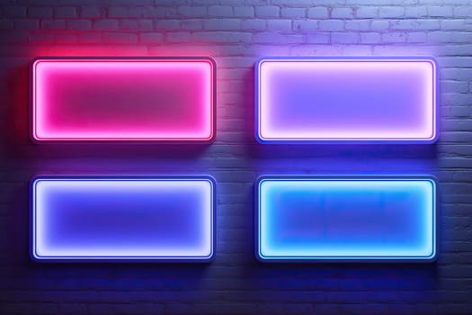 Set of four blank rectangular neon signs, plaques on a brick wall.