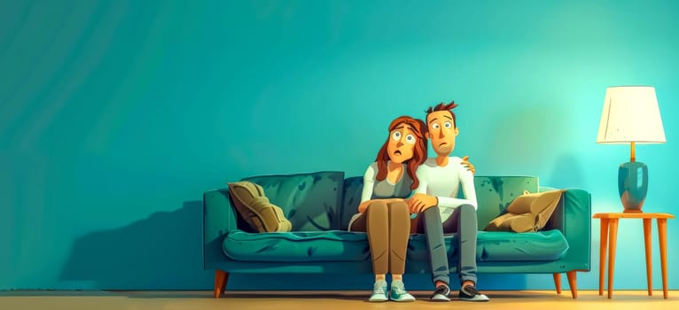 Illustration of a surprised young couple sitting on a couch, with a glow from the tv