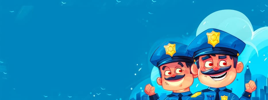 Two cheerful cartoon policemen illustrated on a vibrant blue background, ready to serve and protect