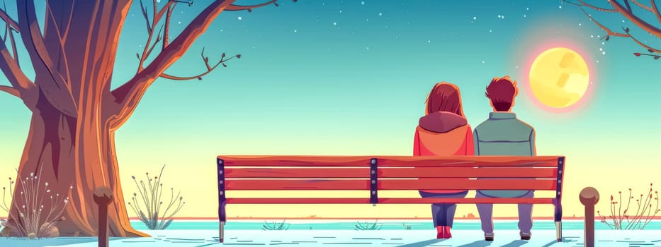 Illustration of a couple sitting on a bench, gazing at a full moon in a serene winter landscape