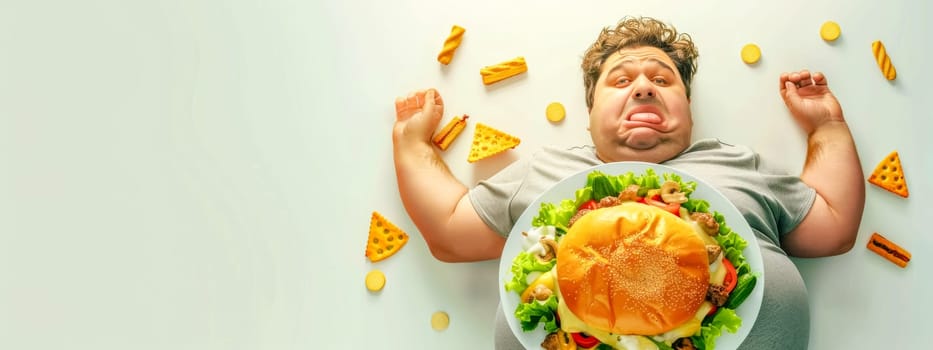 Adult male resisting temptation, humorously daydreaming about fast food while eating a healthy salad