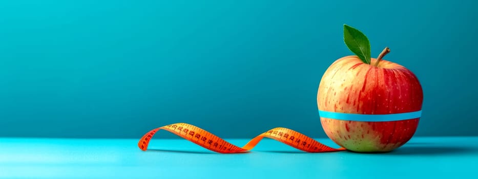 Fresh apple wrapped with a measuring tape against a blue background symbolizing diet and fitness