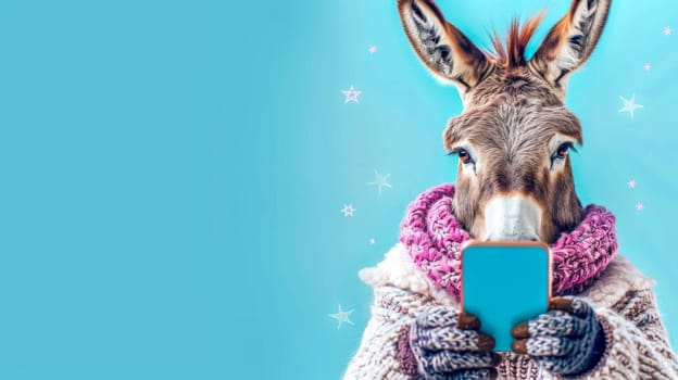 Playful donkey dressed in a pink scarf and mittens holds a smartphone on a blue background with stars
