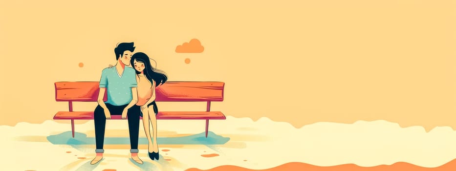 Illustrated young couple in love sitting on a bench with a warm sunset background