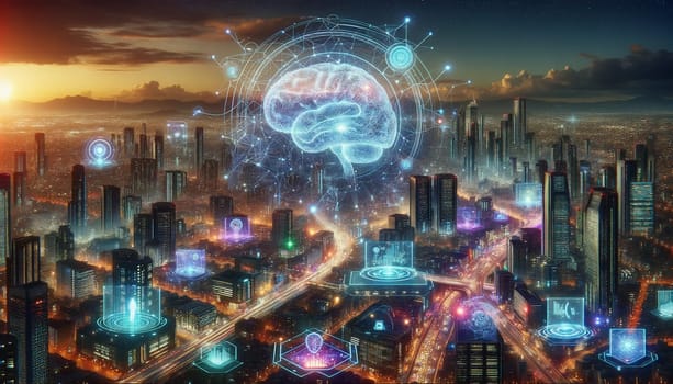 A captivating and futuristic representation of artificial intelligence, showcasing a sprawling neon-lit cityscape with a brain at its center.
