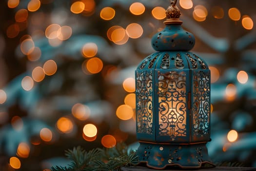 A blue lantern is placed on a table with a backdrop of Christmas lights. The scene also includes various Christmas decorations like ornaments and a tree