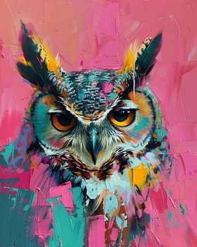 A vibrant painting featuring a screech owl with piercing eyes and intricate feather details, set against a striking pink background
