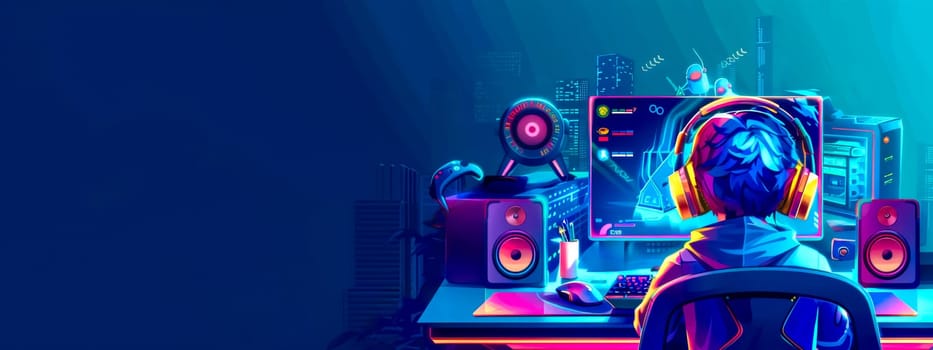 Digital art of a music producer working in a vibrant cyberpunk studio setup