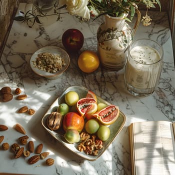A table adorned with a colorful display of fruits and nuts, showcasing the beauty of natural foods. The plantbased ingredients can be used in a variety of cuisines and recipes as staple foods
