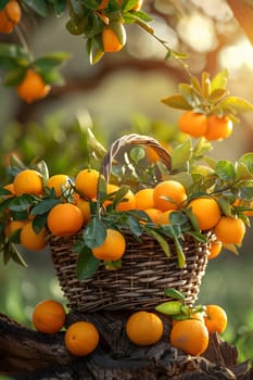 A basket filled with Valencia oranges is hanging on a tree branch, surrounded by Clementines, Rangpur, Bitter oranges, and Tangerines