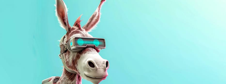 A donkey wearing a virtual reality headset against a turquoise background