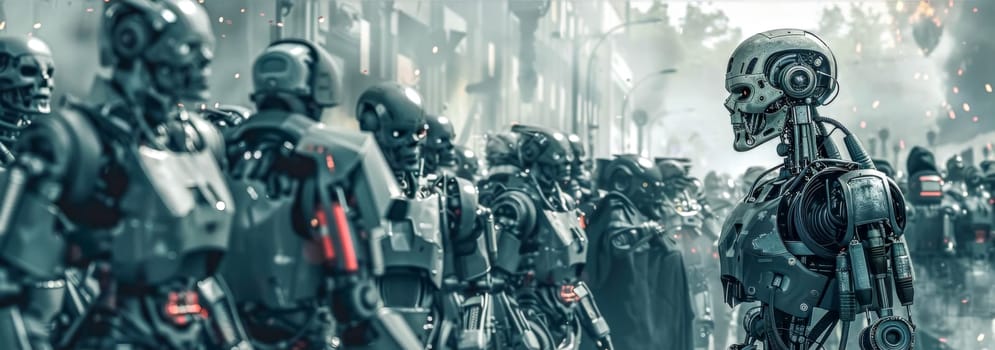 Digital artwork of a robot uprising, with menacing androids among atmospheric urban chaos