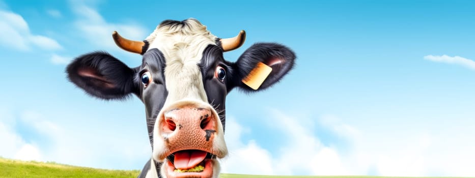 Close-up of a cheerful cow's face with a vibrant blue sky and green grass background