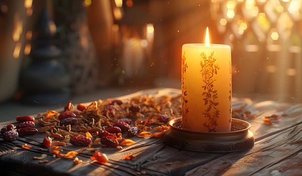 An amber wax candle rests on a wooden table, accompanied by dried flowers. The flame emits heat, creating a cozy atmosphere for a still life photography event